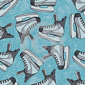 Winter holidays seamless pattern with ice skates cartoon sketch. Red and blue Ice hockey skates. Vector illustration with sports