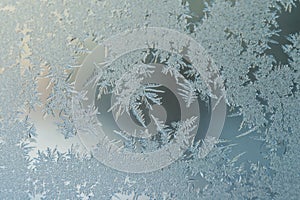 Winter Holidays Season Fantasy World Concept: Macro Image Of A Frosty Window Glass Natural Ice Patterns With Copy Space