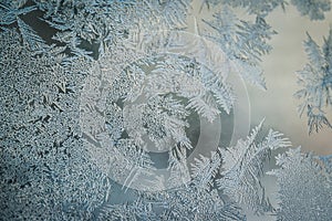 Winter Holidays Season Fantasy World Concept: Macro Image Of A Frosty Window Glass Natural Ice Patterns With Copy Space