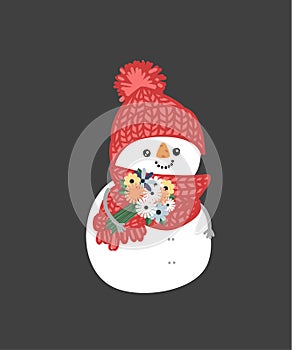 Winter holidays snowman. Cheerful snowmen in different costumes. Snowman chef, magician, snowman with candy and gifts.