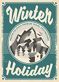 Winter holidays travel destinations, retro poster design