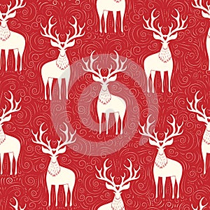 Winter Holidays Vector Seamless Pattern with Whte Deers, Hand-Drawn Doodle Swirls, Swashes on Christmas Red Background