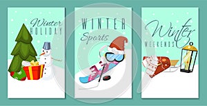 Winter holidays and weekends set of banners, cards vector illustration. Nature landscape with Christmas tree, snowmen