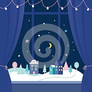 Winter Holidays Window Decorations. Snowy Town at Night. Vector Design