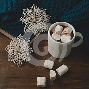 Winter home background - cup of hot cocoa Christmas and snowfl