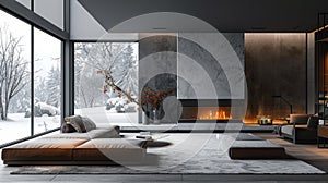 winter home decor, stylish living room with fireplace sleek, minimalist design ideal for winter evenings