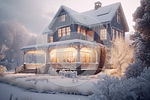 Winter home with light. Generate Ai