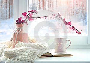 Winter home romantic icon.Valentine card.Mug with knits and book on window sill