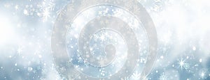 Winter horizontal banner.Christmas backdrop. Blue snowflakes bokeh. Holiday seasonal background