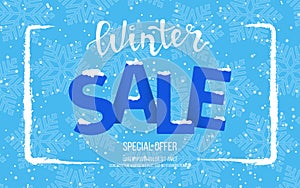 Winter horizontal sale banner, poster, flyer template with blue snowflakes background. Snow frame. Special seasonal offer.Big Sale