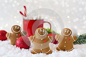 Winter hot drink, cacao with marshmallows and gingerbread man cookies, spicy hot chocolate festive background