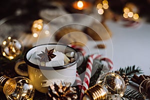 Chocolate or cocoa with marshmallow, cookies, candy on white background.