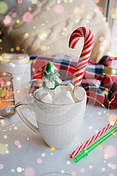 Winter hot drink. Hot chocolate or cocoa with marshmallow and candy on white background. Xmas christmas happy new year concept.