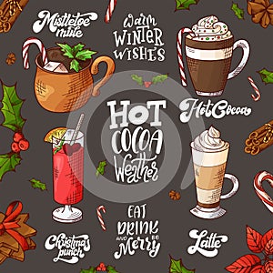 Winter hot drinks. Set of hand drawn sketch. Can be used for bar menu, card, flyer, poster. Christmas lettering. Vector