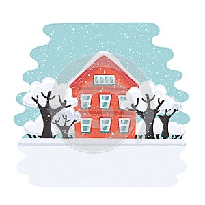 Winter house. Autumn house. Family suburban home. Vector flat illustration.