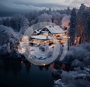 Winter House, cabin, in the snowy winter Forest, background image, winter landscape