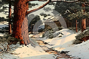 Winter House, cabin, in the snowy winter Forest, background image, winter landscape