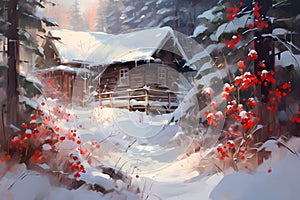 Winter House, cabin, in the snowy winter Forest, background image, winter landscape