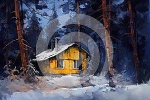 Winter House, cabin, in the snowy winter Forest, background image, winter landscape