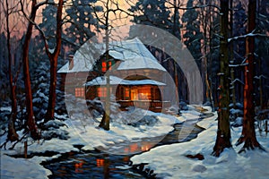 Winter House, cabin, in the snowy winter Forest, background image, winter landscape