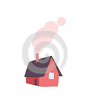 Winter House with Chimney, Smoke from Pipe, Vector
