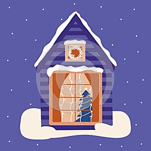 Winter house. Christmas tree in the window vector