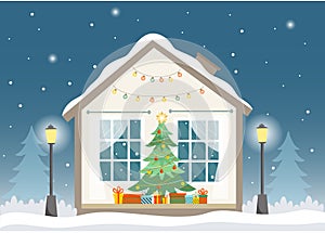 Winter house in cut with Christmas tree and presents. Christmas, New year mood. House at winter night.