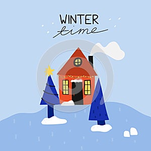 Winter house. Cute homes in snow, forest cozy cottage or townhome with snowy roof, christmas poster, print or card, winter time