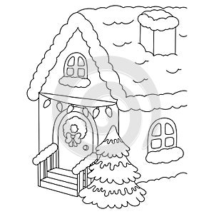 Winter house with garlands and a tree. Coloring book page for kids. Cartoon style. Vector illustration isolated on white