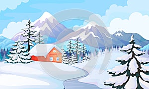 Winter house landscape. Rural scene with snowy mountains, spruce trees and wooden house. Vector winter holiday