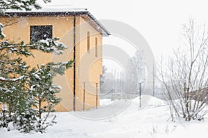 Winter house in nature forest snow panoramic. Spruce or fir tree in the snow against the house on the Christmas and New