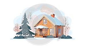 Winter house with roof, trees, fireplace and smoke. Wooden rustic home in cold weather. Flat modern illustration