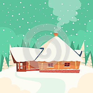 Winter House Snow Forest Flat Vector