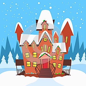 Winter House Snow Forest Tree Flat Vector