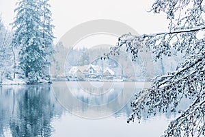 Winter house in snowy forest on lake.