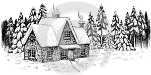 Winter house surrounded by firs and pines, covered with snow. Christmas idyllic landscape.