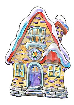 Winter house, watercolor illustration of a cute house.