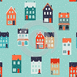 Winter houses for Christmas and Christmas fabrics and decor. Seamless pattern.
