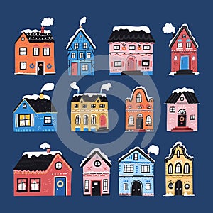 Winter houses and cottages flat illustrations set