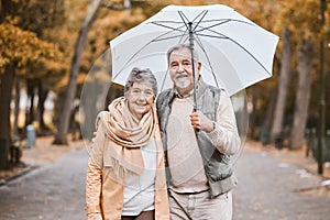 Winter, hug and senior couple in a park, retirement date and walking in Canada with an umbrella. Nature affection, smile