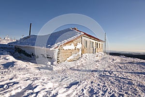 Winter hut in Ural mountains.Russia,taiga,siberia.