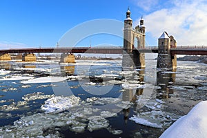 Winter ice drift along the European river Neman