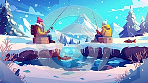 Winter ice fishing with men standing on boxes at frozen pond with holes, holding rods, wearing warm clothes. Male