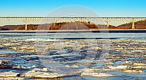 Winter ice on Hudson River and Rip Van Winkle Bridge