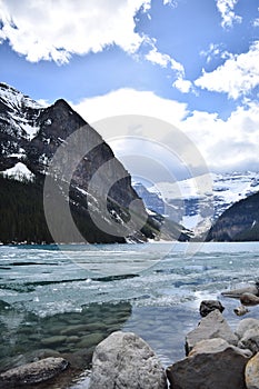The winter ice pack recedes from Lake Louise, Alberta