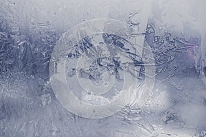 Winter ice pattern on the frozen window. Texture, background for inserting text. New Year theme. Winter. Cold.