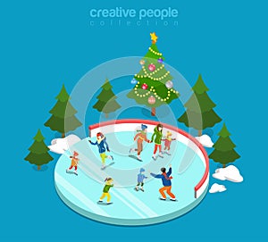 Winter ice staking rink sports family flat isometric vector 3d