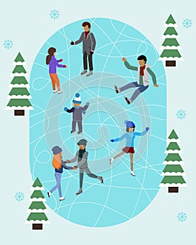 Winter ice staking rink sports happy people family activity. Mom dad son boy girl skaters fir tree