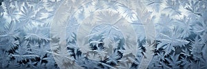 Winter iced pattern on frozen window glass, macro frosty crystals ornament. Long banner