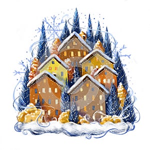Winter illustration with Christmas houses, different warm colors, Christmas trees decorated for New Year's Eve grow